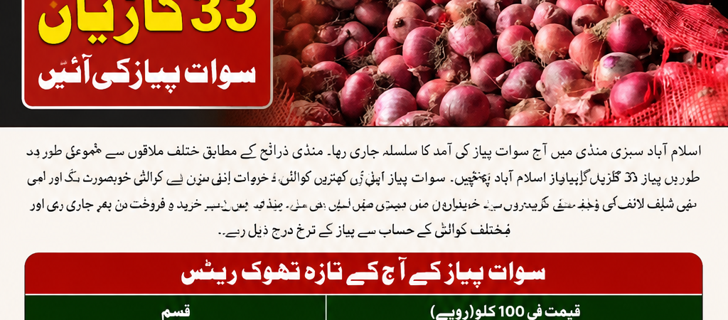اسلام آباد سبزی منڈی میں  پیاز کے ریٹس | 33 گاڑیوں کی آمد